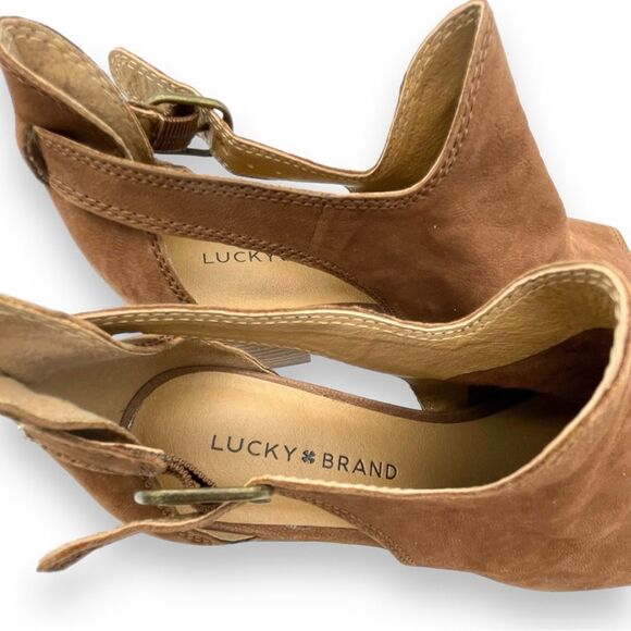 Lucky Brand Bannah Open Toe Sandal CutOut Booties in Walnut Brown Suede Size 7.5 - Picture 13 of 16
